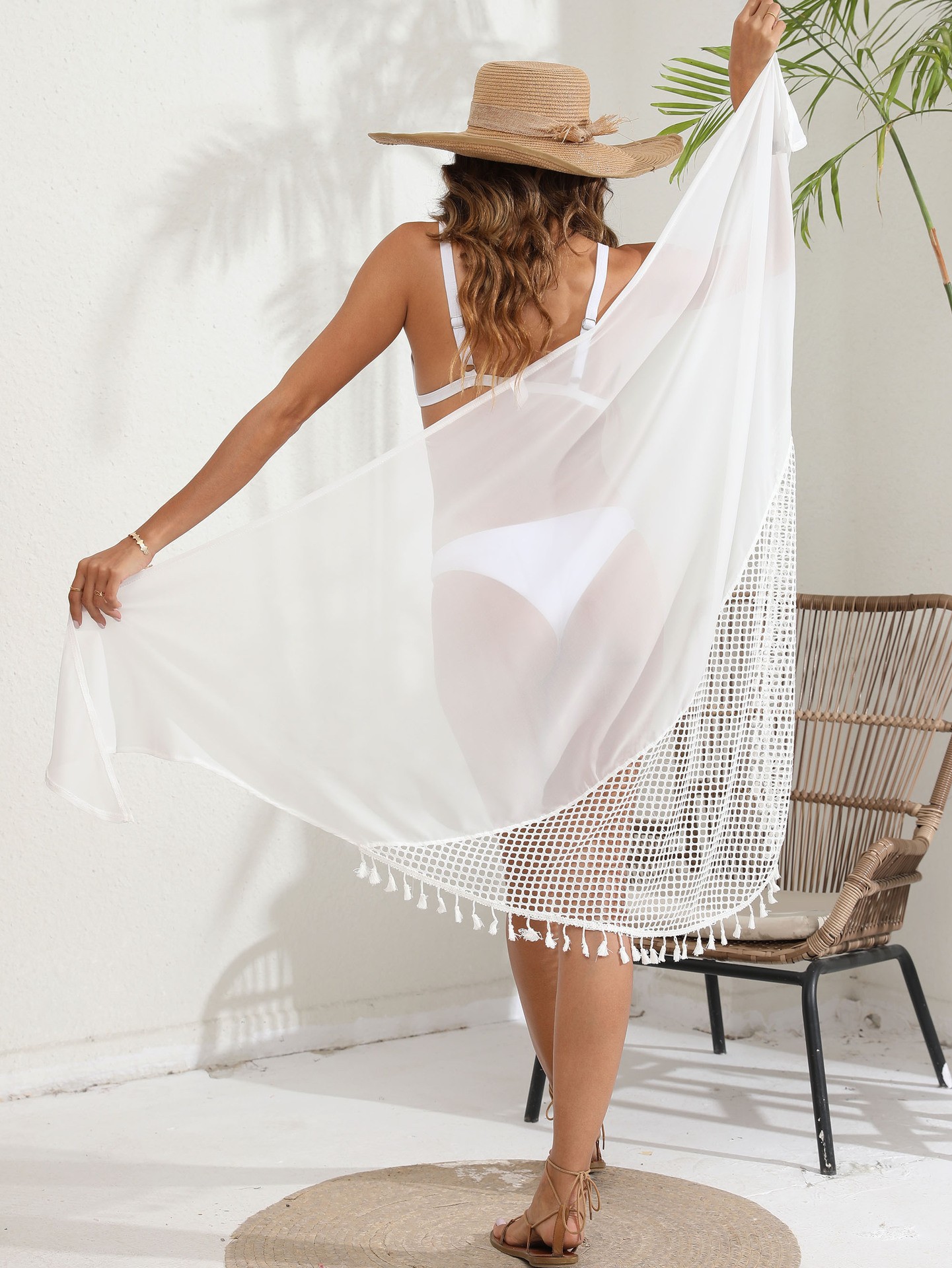 Beach Cover Up Kimono with Tassel Trim and Crochet Mesh Design